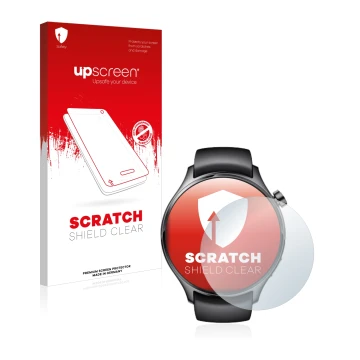 Vorderseite einer Produktverpackung mit dem Markenlogo upscreen. Daneben ist das Gerät Xiaomi Watch S1 Pro mit dem zugehörigen
