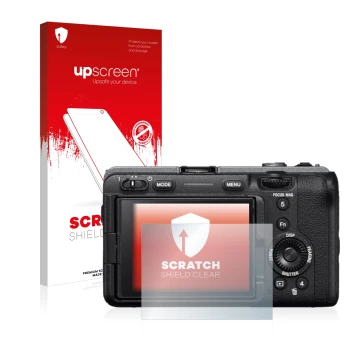 Vorderseite einer Produktverpackung mit dem Markenlogo upscreen. Daneben ist das Gerät Sony Alpha FX30 Cinema Line mit dem zug