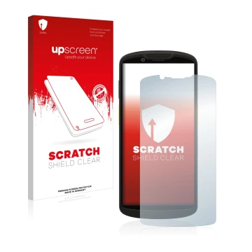 Vorderseite einer Produktverpackung mit dem Markenlogo upscreen. Daneben ist das Gerät Zebra TC58 mit dem zugehörigen Displays