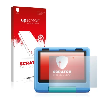 Vorderseite einer Produktverpackung mit dem Markenlogo upscreen. Daneben ist das Gerät Amazon Fire HD 8 Kids 2022 mit dem zuge