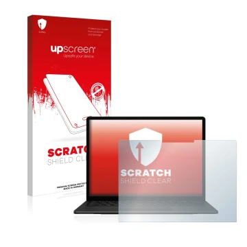 Vorderseite einer Produktverpackung mit dem Markenlogo upscreen. Daneben ist das Gerät Microsoft Surface Laptop 5 15