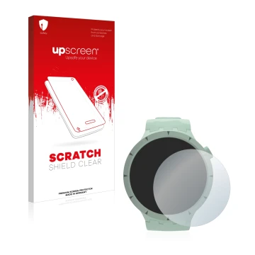 Vorderseite einer Produktverpackung mit dem Markenlogo upscreen. Daneben ist das Gerät Swatch Big Bold Bioceramic mit dem zuge