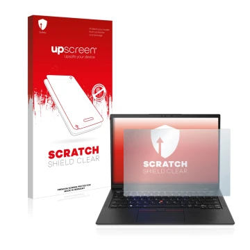 Vorderseite einer Produktverpackung mit dem Markenlogo upscreen. Daneben ist das Gerät Lenovo ThinkPad X1 Carbon Touch 14