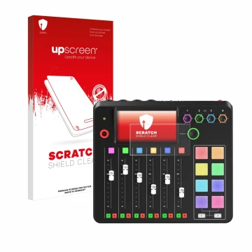 Vorderseite einer Produktverpackung mit dem Markenlogo upscreen. Daneben ist das Gerät Rode Rodecaster Pro II mit dem zugehöri