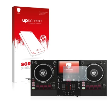 Vorderseite einer Produktverpackung mit dem Markenlogo upscreen. Daneben ist das Gerät Numark Mixstream Pro mit dem zugehörige