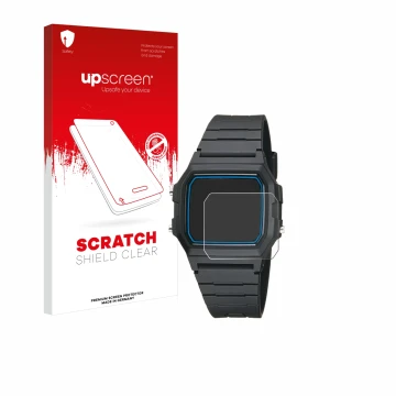 Vorderseite einer Produktverpackung mit dem Markenlogo upscreen. Daneben ist das Gerät Casio F-105W-1AWYEF mit dem zugehörigen