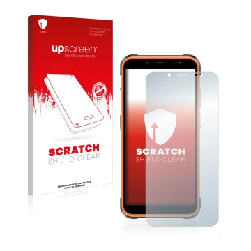 Vorderseite einer Produktverpackung mit dem Markenlogo upscreen. Daneben ist das Gerät Ulefone Power Armor 16 Pro mit dem zuge