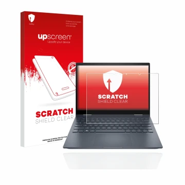 Vorderseite einer Produktverpackung mit dem Markenlogo upscreen. Daneben ist das Gerät HP Envy x360 13-bfxxx mit dem zugehörig