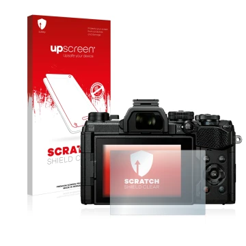 Vorderseite einer Produktverpackung mit dem Markenlogo upscreen. Daneben ist das Gerät Olympus OM System OM-5 mit dem zugehöri