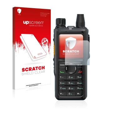 Vorderseite einer Produktverpackung mit dem Markenlogo upscreen. Daneben ist das Gerät Hytera HP 685 mit dem zugehörigen Displ