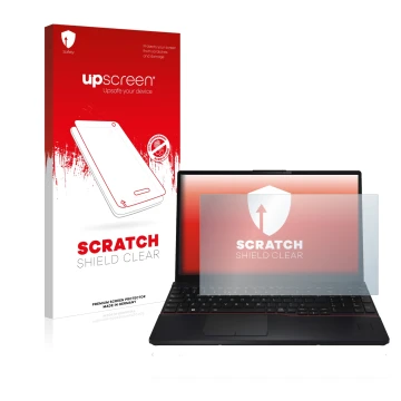 Vorderseite einer Produktverpackung mit dem Markenlogo upscreen. Daneben ist das Gerät Fujitsu Lifebook E5512 mit dem zugehöri