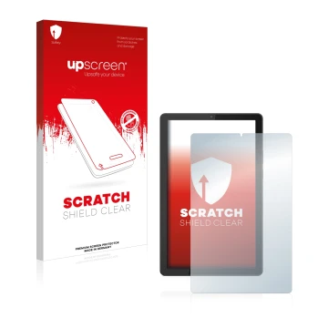 Vorderseite einer Produktverpackung mit dem Markenlogo upscreen. Daneben ist das Gerät Lenovo Tab M9 mit dem zugehörigen Displ