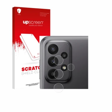 Vorderseite einer Produktverpackung mit dem Markenlogo upscreen. Daneben ist das Gerät Samsung Galaxy A23 5G (NUR Kameraschutz