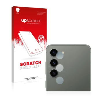 Vorderseite einer Produktverpackung mit dem Markenlogo upscreen. Daneben ist das Gerät Samsung Galaxy S23 (NUR Kameraschutz) m