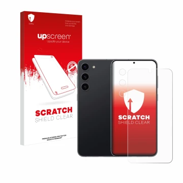 Vorderseite einer Produktverpackung mit dem Markenlogo upscreen. Daneben ist das Gerät Samsung Galaxy S23 (Display+Kamera) mit
