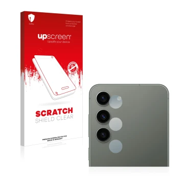 Vorderseite einer Produktverpackung mit dem Markenlogo upscreen. Daneben ist das Gerät Samsung Galaxy S23 Plus (NUR Kameraschu