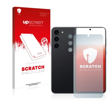 Vorderseite einer Produktverpackung mit dem Markenlogo upscreen. Daneben ist das Gerät Samsung Galaxy S23 Plus (Display+Kamera