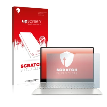 Vorderseite einer Produktverpackung mit dem Markenlogo upscreen. Daneben ist das Gerät HP Envy x360 2-in-1 15-ey mit dem zugeh