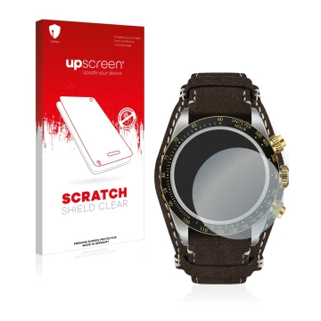 Vorderseite einer Produktverpackung mit dem Markenlogo upscreen. Daneben ist das Gerät Tudor Black Bay Chrono 41mm mit dem zug