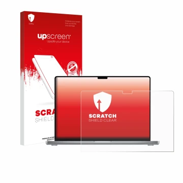 Vorderseite einer Produktverpackung mit dem Markenlogo upscreen. Daneben ist das Gerät Apple MacBook Pro 16
