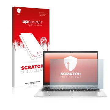 Vorderseite einer Produktverpackung mit dem Markenlogo upscreen. Daneben ist das Gerät HP EliteBook 650 G9 mit dem zugehörigen