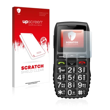 Vorderseite einer Produktverpackung mit dem Markenlogo upscreen. Daneben ist das Gerät artfone C1 + mit dem zugehörigen Displa