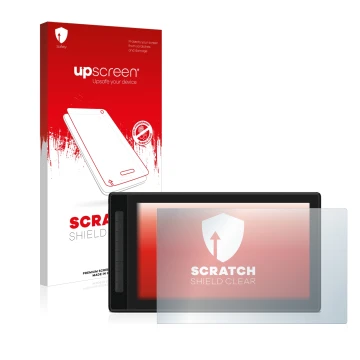 Vorderseite einer Produktverpackung mit dem Markenlogo upscreen. Daneben ist das Gerät Huion Kamvas Pro 16 (2.5K) mit dem zuge