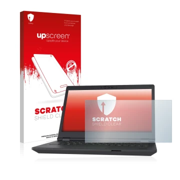 Vorderseite einer Produktverpackung mit dem Markenlogo upscreen. Daneben ist das Gerät Fujitsu Lifebook E5411 mit dem zugehöri