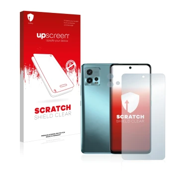 Vorderseite einer Produktverpackung mit dem Markenlogo upscreen. Daneben ist das Gerät Motorola Moto G72 (Display+Kamera) mit 