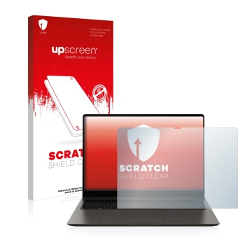 Vorderseite einer Produktverpackung mit dem Markenlogo upscreen. Daneben ist das Gerät Samsung Galaxy Book3 Ultra 16