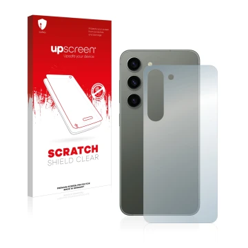Vorderseite einer Produktverpackung mit dem Markenlogo upscreen. Daneben ist das Gerät Samsung Galaxy S23 (Rückseite) mit dem 
