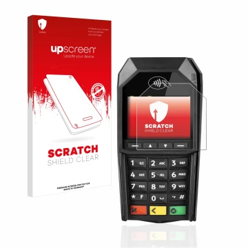 Vorderseite einer Produktverpackung mit dem Markenlogo upscreen. Daneben ist das Gerät ingenico Desk/1600 mit dem zugehörigen 