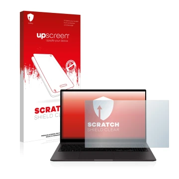 Vorderseite einer Produktverpackung mit dem Markenlogo upscreen. Daneben ist das Gerät Samsung Galaxy Book2 15.6