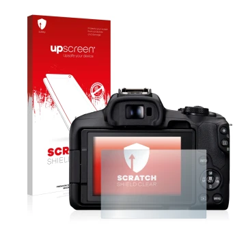 Vorderseite einer Produktverpackung mit dem Markenlogo upscreen. Daneben ist das Gerät Canon EOS R50 mit dem zugehörigen Displ
