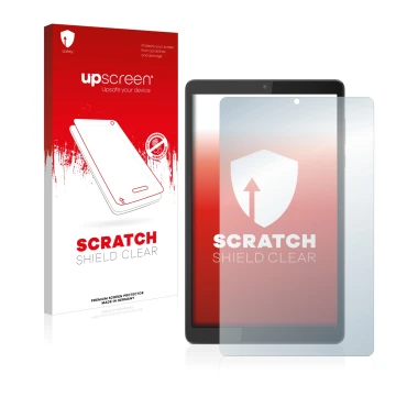 Vorderseite einer Produktverpackung mit dem Markenlogo upscreen. Daneben ist das Gerät Lenovo Tab M8 (4. Gen.) mit dem zugehör