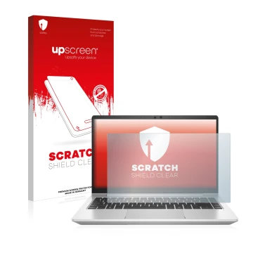 Vorderseite einer Produktverpackung mit dem Markenlogo upscreen. Daneben ist das Gerät HP ProBook 445 G8 mit dem zugehörigen D