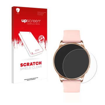 Vorderseite einer Produktverpackung mit dem Markenlogo upscreen. Daneben ist das Gerät Levowatch F2 mit dem zugehörigen Displa