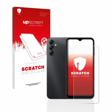 Vorderseite einer Produktverpackung mit dem Markenlogo upscreen. Daneben ist das Gerät Samsung Galaxy A14 4G (Display+Kamera) 