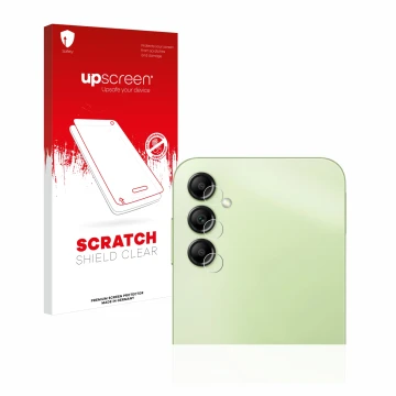 Vorderseite einer Produktverpackung mit dem Markenlogo upscreen. Daneben ist das Gerät Samsung Galaxy A14 4G (NUR Kameraschutz