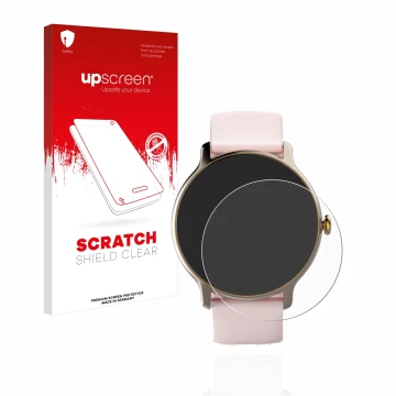 Vorderseite einer Produktverpackung mit dem Markenlogo upscreen. Daneben ist das Gerät Hama Fit Watch 4910 mit dem zugehörigen