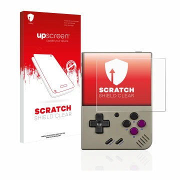 Vorderseite einer Produktverpackung mit dem Markenlogo upscreen. Daneben ist das Gerät Miyoo Mini Plus mit dem zugehörigen Dis