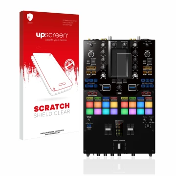 Vorderseite einer Produktverpackung mit dem Markenlogo upscreen. Daneben ist das Gerät Pioneer DJM-S11 mit dem zugehörigen Dis
