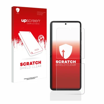 Vorderseite einer Produktverpackung mit dem Markenlogo upscreen. Daneben ist das Gerät Oppo Find N2 Flip mit dem zugehörigen D