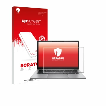 Vorderseite einer Produktverpackung mit dem Markenlogo upscreen. Daneben ist das Gerät HP Zbook Firefly 14 G9 mit dem zugehöri