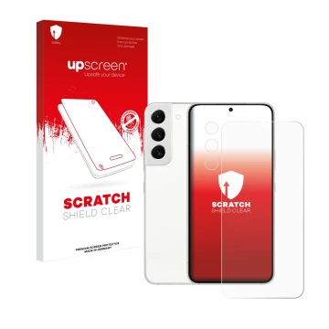 Vorderseite einer Produktverpackung mit dem Markenlogo upscreen. Daneben ist das Gerät Samsung Galaxy S22 Enterprise Edition (