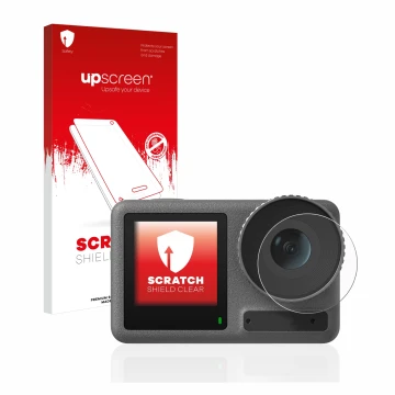 Vorderseite einer Produktverpackung mit dem Markenlogo upscreen. Daneben ist das Gerät DJI Osmo Action 3 (Linse) mit dem zugeh