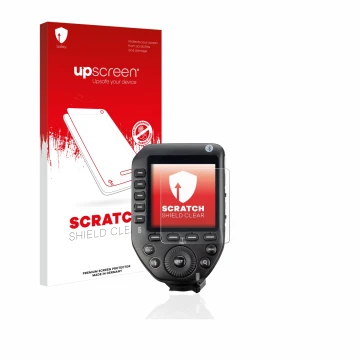 Vorderseite einer Produktverpackung mit dem Markenlogo upscreen. Daneben ist das Gerät Godox XPro II mit dem zugehörigen Displ