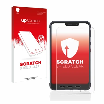 Vorderseite einer Produktverpackung mit dem Markenlogo upscreen. Daneben ist das Gerät Samsung Galaxy Tab Active 3 Enterprise 