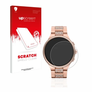 Vorderseite einer Produktverpackung mit dem Markenlogo upscreen. Daneben ist das Gerät Michael Kors Camille Gen 6 MKT5147 mit 