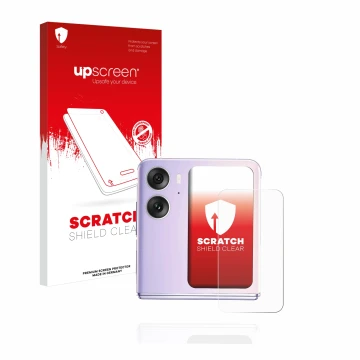 Vorderseite einer Produktverpackung mit dem Markenlogo upscreen. Daneben ist das Gerät Oppo Find N2 Flip (Hinteres Display) mi